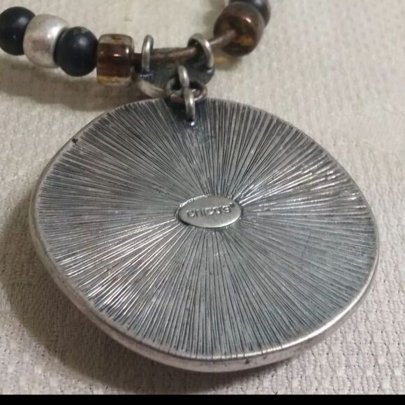 Chico's ST Metal Brown Cord Animal Print  Disk Pendant 20" Necklace w/Earrings - Picture 6 of 8